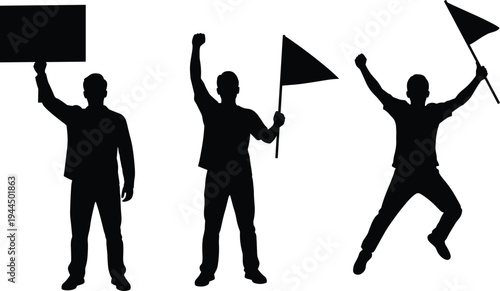 Protester silhouettes with blank sign and flags showing activism, public demonstration, political rally and freedom protest concept isolated on background