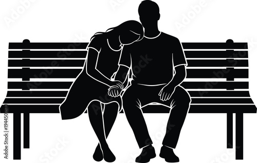 Romantic couple sitting on park bench silhouette illustration showing woman leaning on man shoulder symbolizing love relationship affection companionship and emotional support isolated