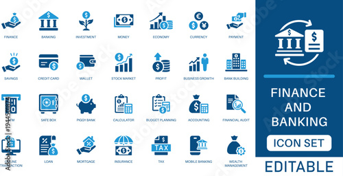 Finance and banking icon set. featuring investment, payment, economy, and wealth management elements in blue flat style for professional business and financial applications.