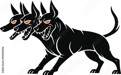 Cerberus mythological three headed dog illustration, black hellhound vector silhouette with red eyes, Greek mythology underworld monster for gaming, tattoo, and mascot.