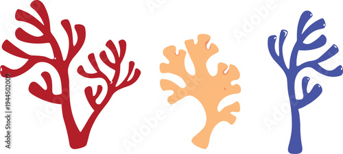 Colorful coral reef silhouettes, underwater sea plant icons, marine life illustrations, red blue orange ocean vegetation, nautical nature graphics, isolated aquatic flora vectors.