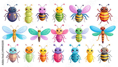A vibrant collection of colorful insects including ladybugs, butterflies, and dragonflies isolated on transparent background