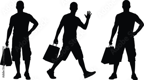 Shopping man silhouette set showing male customer walking carrying shopping bags retail consumer lifestyle purchase activity isolated vector illustration
