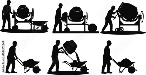 Construction, worker, operating, concrete, mixer, machine, pouring, cement, into, wheelbarrow, builder, silhouette, set, industrial, equipment, site, masonry, tools, building, process, vector, illustr