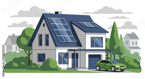 Modern vector illustration of eco friendly house with solar panels and electric car in sustainable suburban neighborhood promoting green energy and clean lifestyle