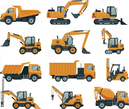 Construction vehicle set, yellow heavy machinery icons, excavator, dump truck, crane, forklift, cement mixer vector illustrations for building industry, transport, and engineering.