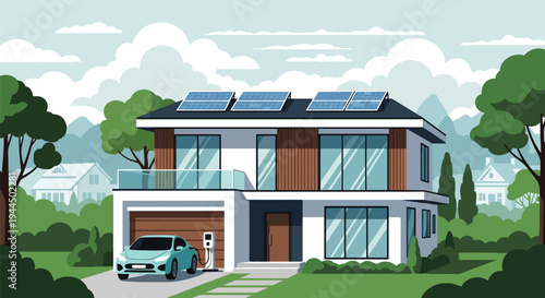 Modern vector illustration of eco friendly house with solar panels and electric car in sustainable suburban neighborhood promoting green energy and clean lifestyle