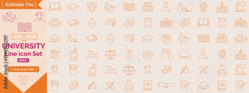 University icon collection set. Containing higher education, learning environment, research institution, student community, campus life, college catalog, organization icon. Simple line vector.