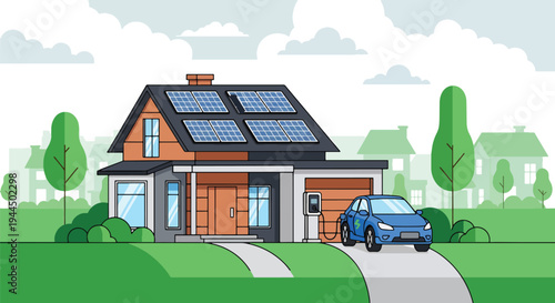 Modern vector illustration of eco friendly house with solar panels and electric car in sustainable suburban neighborhood promoting green energy and clean lifestyle