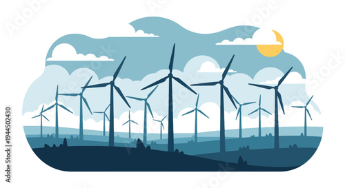 Modern vector illustration of wind turbines generating renewable electricity in open countryside landscape promoting sustainable energy future
