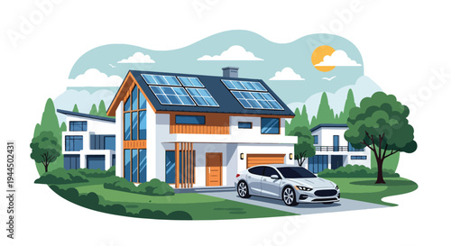 Modern vector illustration of eco friendly house with solar panels and electric car in sustainable suburban neighborhood promoting green energy and clean lifestyle
