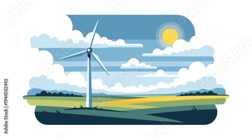 Modern vector illustration of wind turbines generating renewable electricity in open countryside landscape promoting sustainable energy future