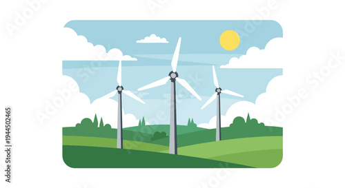 Modern vector illustration of wind turbines generating renewable electricity in open countryside landscape promoting sustainable energy future