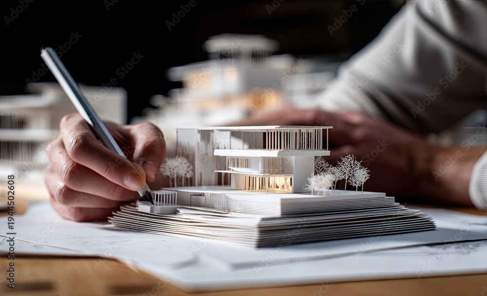 Fototapeta premium Person analyzes a detailed white architectural model with a pen in hand on a desk