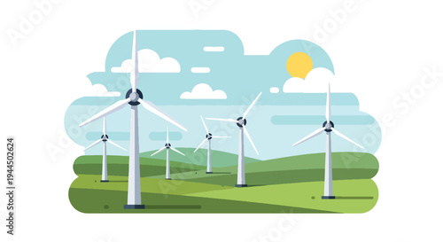 Modern vector illustration of wind turbines generating renewable electricity in open countryside landscape promoting sustainable energy future