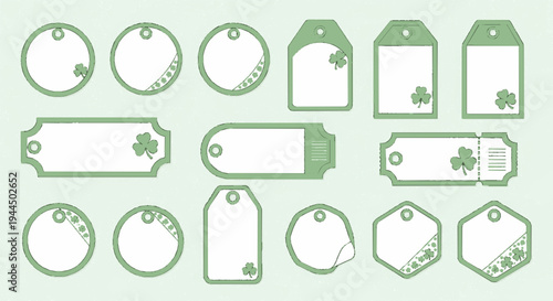 Green st patrick's day tags and labels with shamrocks on mint background for luck and celebration