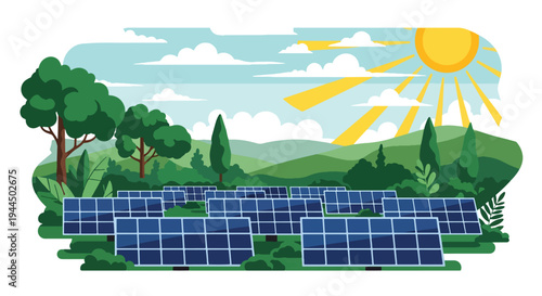 Modern vector illustration of large solar panel farm under bright sky representing renewable energy production and sustainable green technology