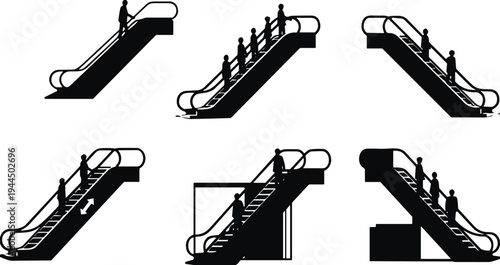 Escalator, silhouette, set, people, moving, staircase, mall, airport, station, subway, transport, urban, lift, mechanical, stairs, elevator, shopping, travel, public, passenger, vector, illustration