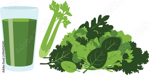 Green vegetable juice in glass with fresh celery and leafy kale spinach pile for healthy lifestyle, detox diet, nutrition, and wellness concept.