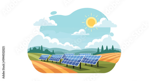 Modern vector illustration of large solar panel farm under bright sky representing renewable energy production and sustainable green technology