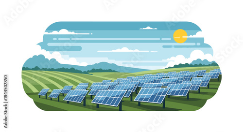 Modern vector illustration of large solar panel farm under bright sky representing renewable energy production and sustainable green technology