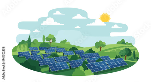 Modern vector illustration of large solar panel farm under bright sky representing renewable energy production and sustainable green technology