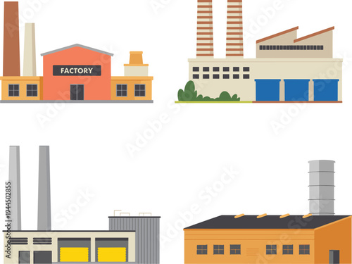 Industrial factory building set, flat vector icons for manufacturing, warehouse plants with chimneys, heavy industry facility collection for urban business and architecture.