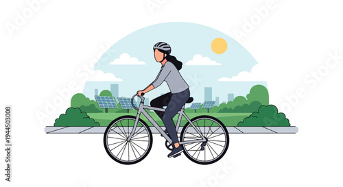 Modern vector illustration of person riding bicycle in eco friendly city promoting sustainable transportation and low carbon lifestyle