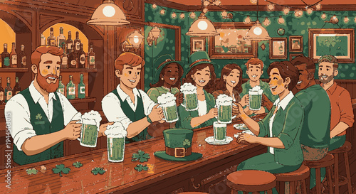Friends toasting with green beer pints at a lively pub on st patrick's day celebration