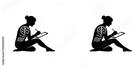 Professional vector illustration featuring silhouettes writing on clipboard with brain motif, symbolizing creativity, thinking, mental focus, and modern intellectual branding.