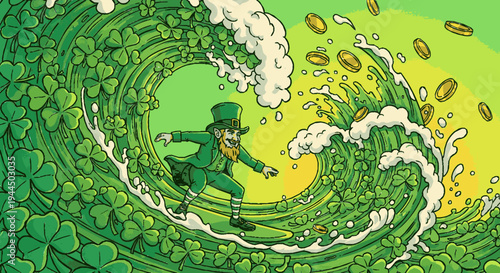Leprechaun surfing green wave with clovers and gold coins st patrick's day luck concept