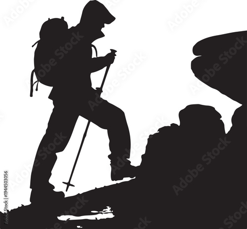 Determined hiker ascending a rugged mountain trail with essential gear