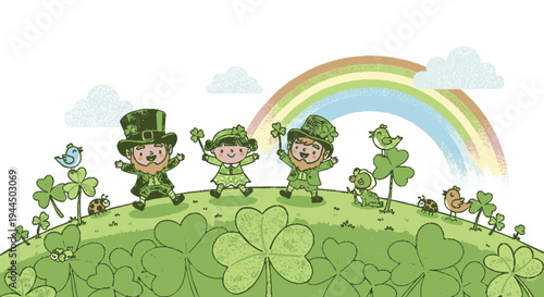 Three cheerful leprechauns in green hats and clothes stand on a hill with shamrocks under a rainbow