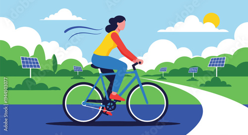 Modern vector illustration of person riding bicycle in eco friendly city promoting sustainable transportation and low carbon lifestyle