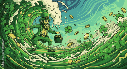 Green wave crashes with gold coins and a leprechaun surfing on it