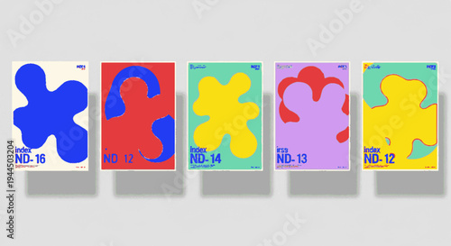Vibrant puzzle pieces on colorful posters with codes arranged on gray stands