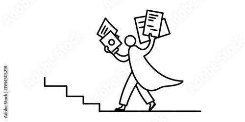 A person struggling to carry a large stack of papers up a flight of stairs Vector