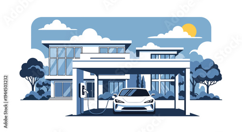 Modern vector illustration of electric car charging at home station in residential neighborhood promoting clean energy mobility