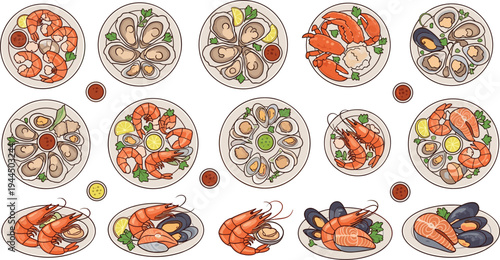 Seafood platter vector collection featuring shrimp prawns oysters mussels and lobster served on plates with lemon for restaurant menu culinary and gourmet food illustration designs.