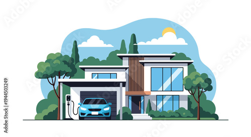 Modern vector illustration of electric car charging at home station in residential neighborhood promoting clean energy mobility