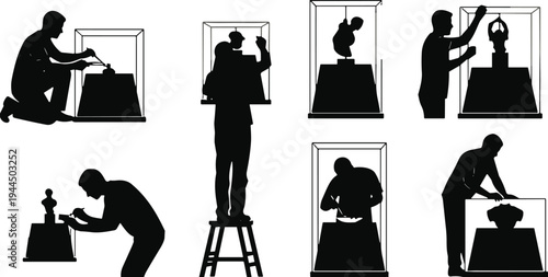  Museum, curator, silhouette, set, worker, installing, art, exhibit, sculpture, gallery, display, glass, case, exhibition, maintenance, historical, artifact, collection, professional, staff, vector, i
