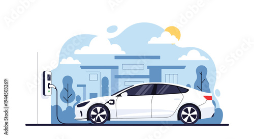 Modern vector illustration of electric car charging at home station in residential neighborhood promoting clean energy mobility
