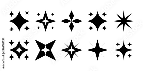 A collection of ten black star shapes with varying numbers of points and designs Vector