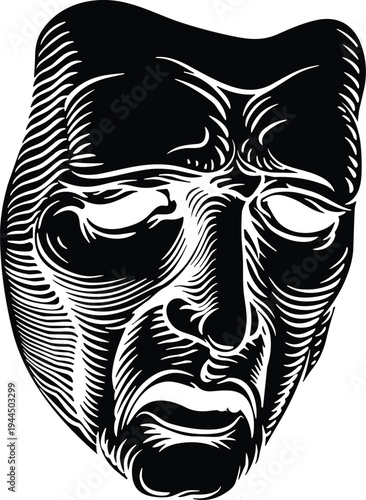 Sad dramatic tragedy mask illustration, black and white theatrical face expression for theater, drama, arts, acting, woodcut style vector graphic, sorrowful melancholy.