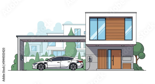 Modern vector illustration of electric car charging at home station in residential neighborhood promoting clean energy mobility