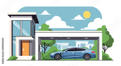 Modern vector illustration of electric car charging at home station in residential neighborhood promoting clean energy mobility