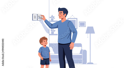 Modern vector illustration of family turning off lights to save electricity at home promoting energy efficiency and responsible lifestyle