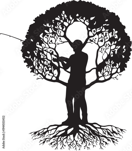 Silhouette of a person standing amidst the branches of a large tree under moonlight