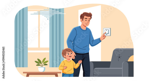 Modern vector illustration of family turning off lights to save electricity at home promoting energy efficiency and responsible lifestyle