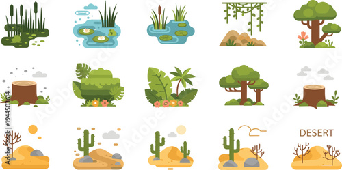 Nature biome landscape vector collection featuring desert cactus forest trees swamp ponds and jungle greenery for environmental education game design and ecosystem habitat illustration designs.